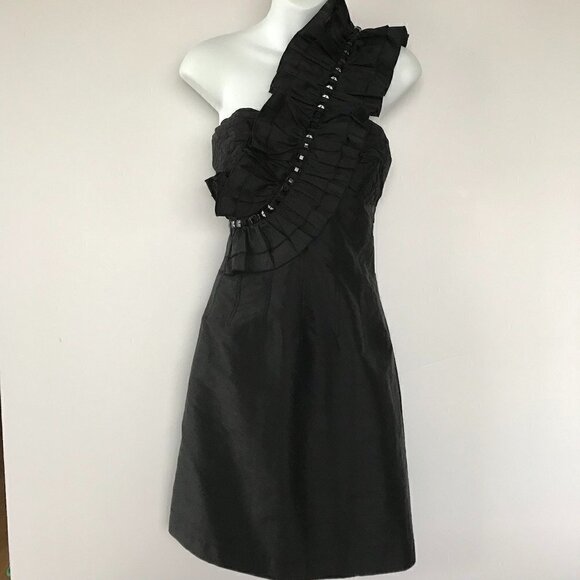 PLENTY party LBD, one-shoulder, silk, ruffle & bling form-fitting dress sz 8 - Picture 2 of 16